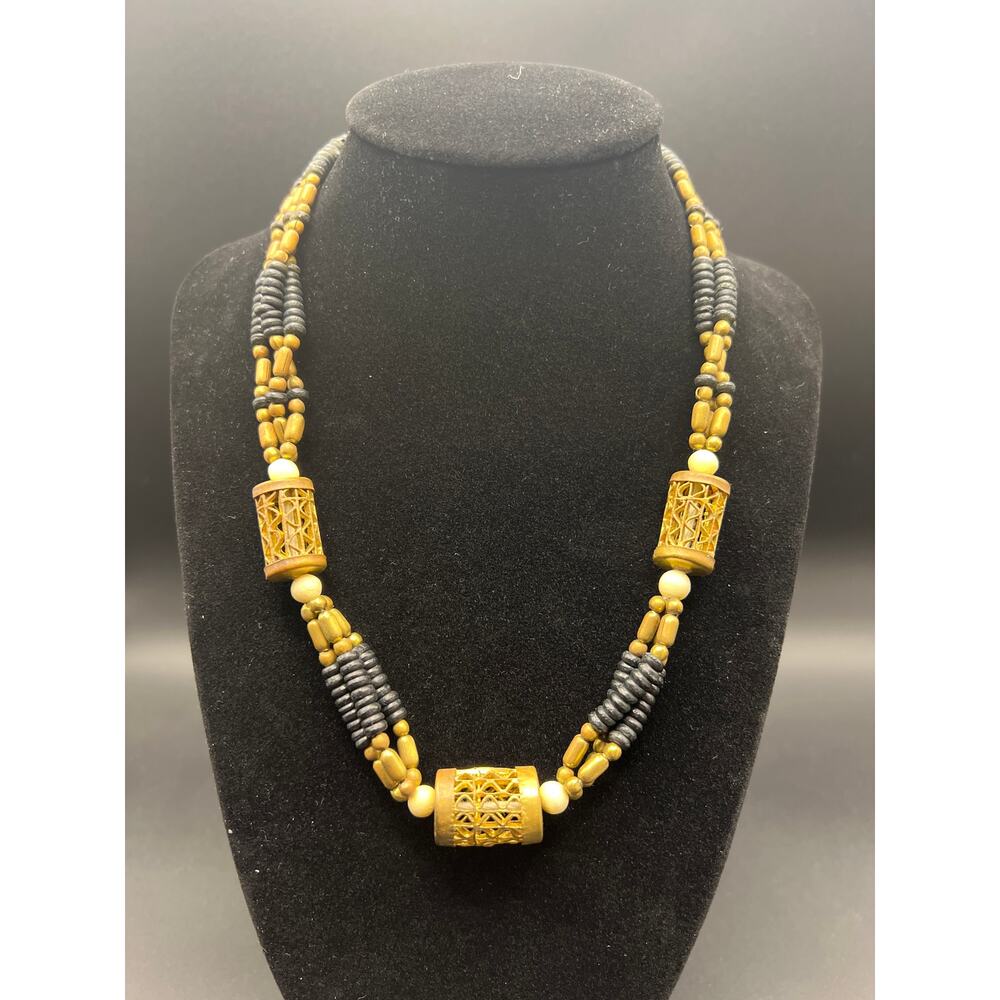 Vintage Ethnic African Beaded Multi-Strand Necklace with Metal and Natural Beads